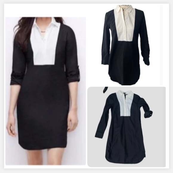 Ann Taylor Dresses & Skirts - Ann Taylor MIDI Dress Black & White Adjustable Long Sleeve Shirt  Bib Collar XS
